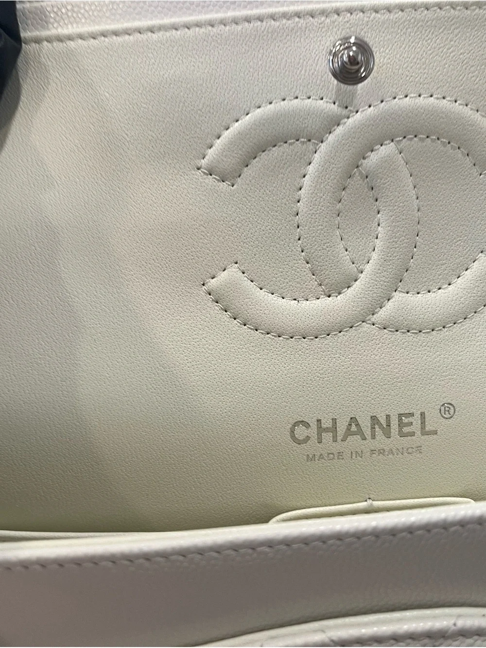 CHANEL Quilted Caviar Leather Flap Bag in White with Silver Hardware